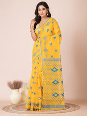 Yellow & Blue cotton blend jamdani saree