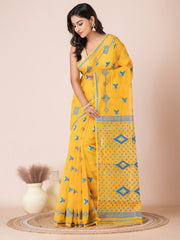 Yellow & Blue cotton blend jamdani saree