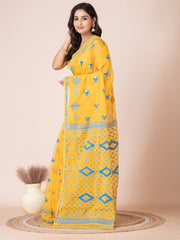 Yellow & Blue cotton blend jamdani saree