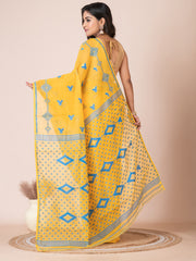 Yellow & Blue cotton blend jamdani saree