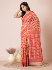 Beige & Red cotton blend floral design jamdani saree