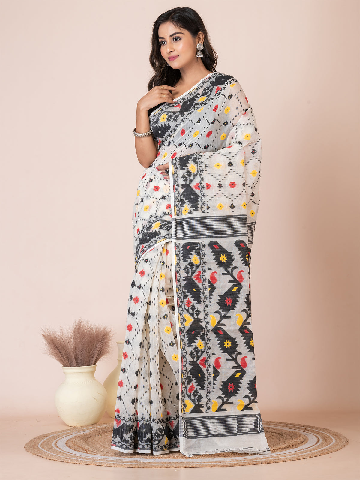 Off White & Black cotton blend floral design jamdani saree