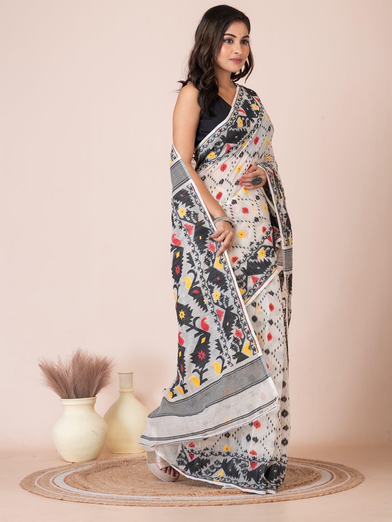 Off White & Black cotton blend floral design jamdani saree