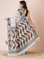 Off White & Black cotton blend floral design jamdani saree