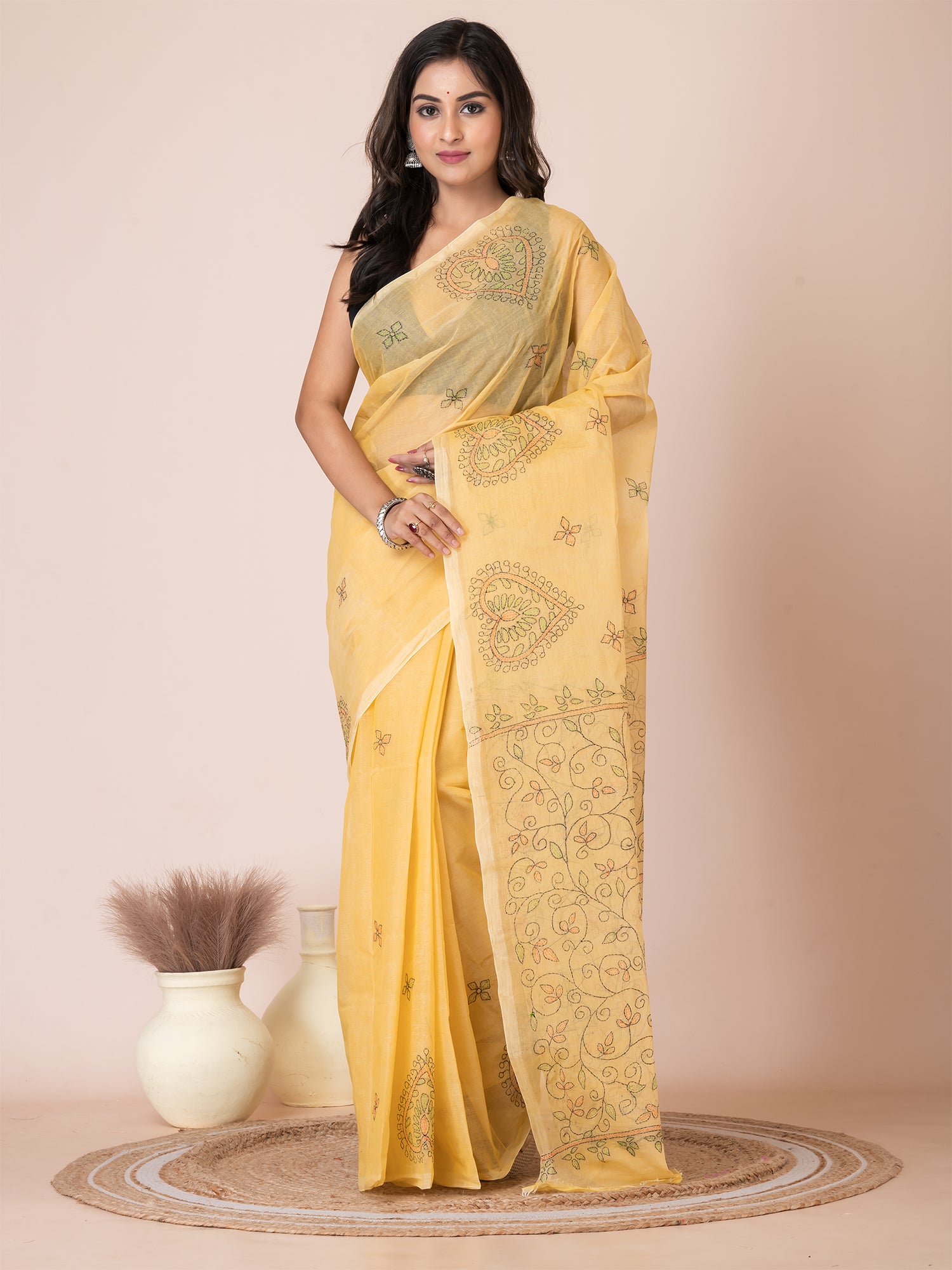 Yellow & Multi pure cotton Kantha work woven design handloom saree