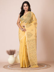 Yellow & Multi pure cotton Kantha work woven design handloom saree