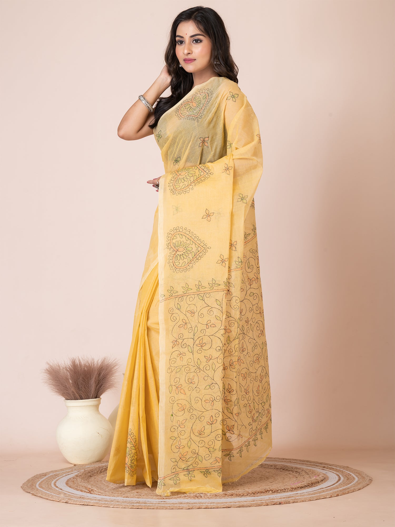 Yellow & Multi pure cotton Kantha work woven design handloom saree