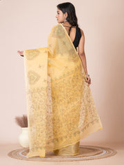 Yellow & Multi pure cotton Kantha work woven design handloom saree