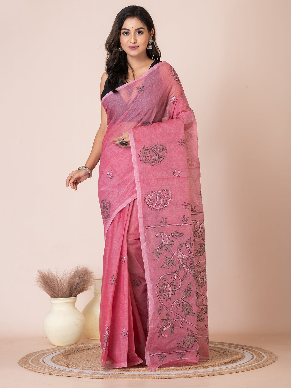 Pink & Multi pure cotton Kantha work woven design handloom saree