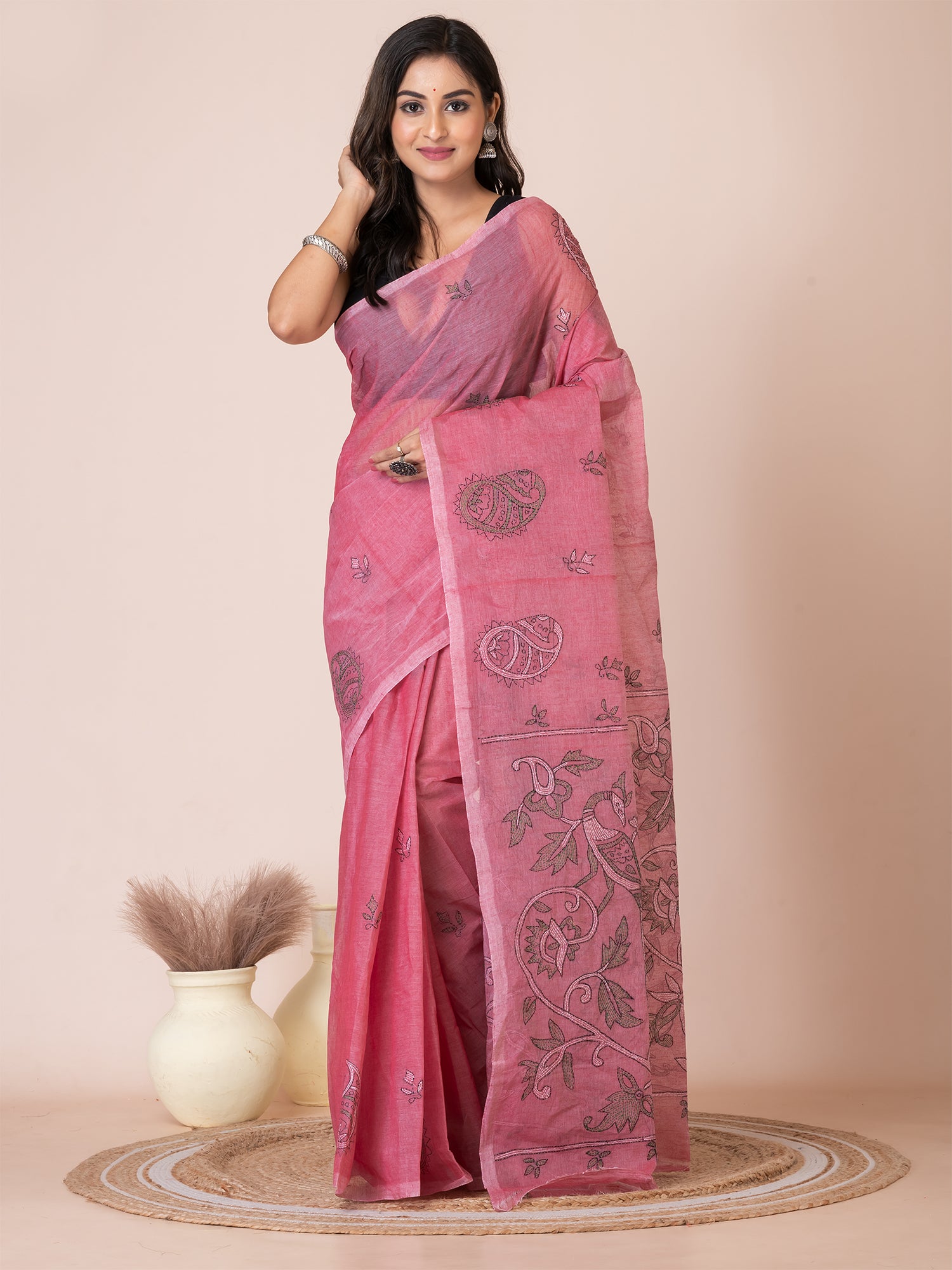 Pink & Multi pure cotton Kantha work woven design handloom saree