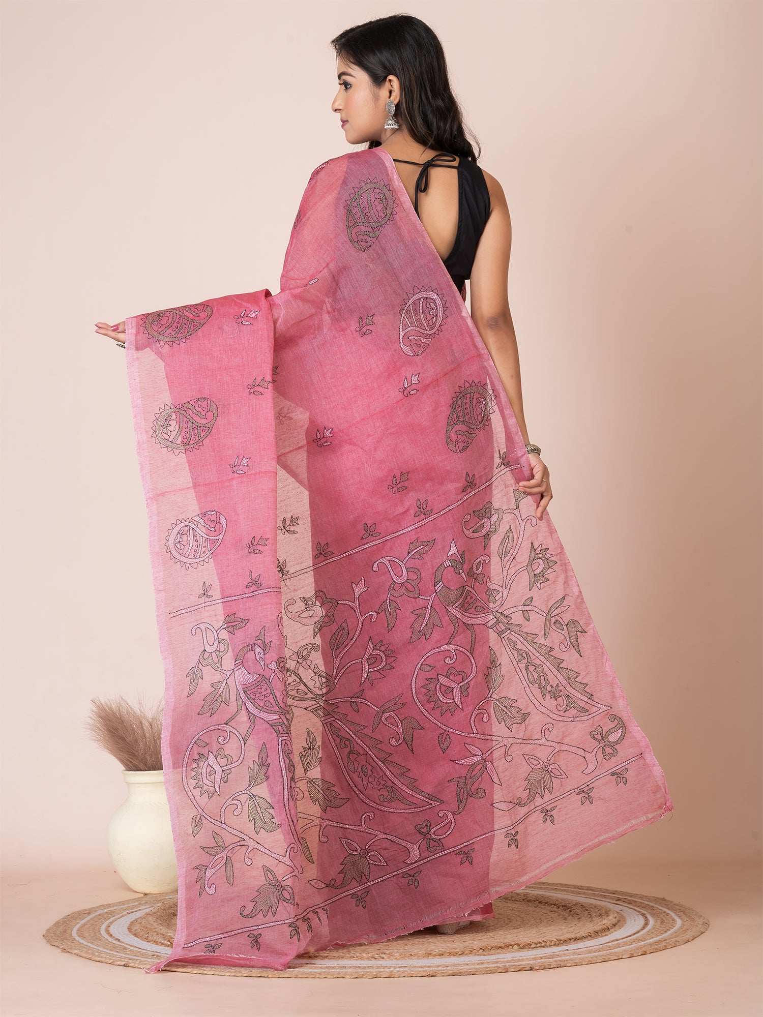 Pink & Multi pure cotton Kantha work woven design handloom saree