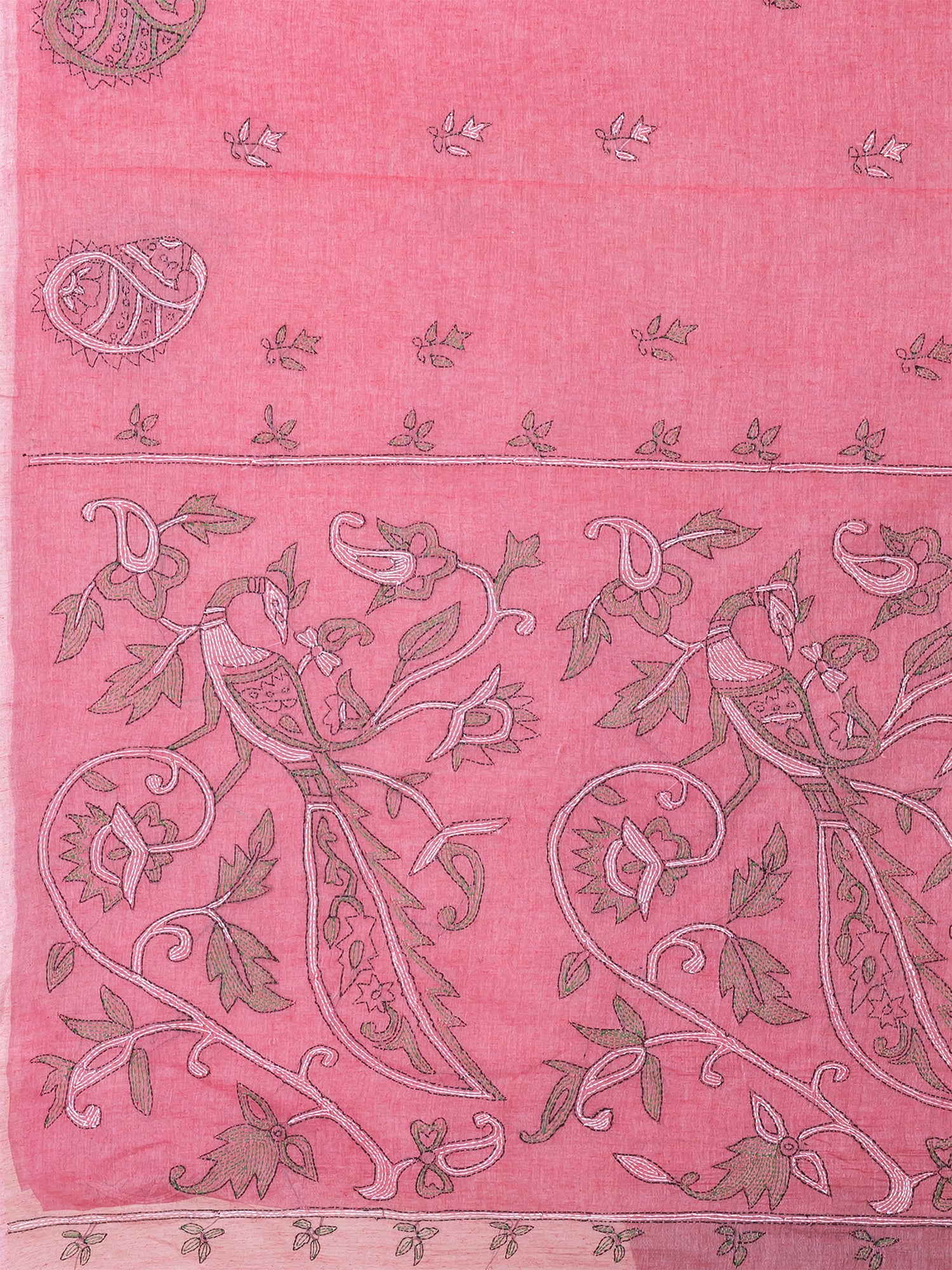 Pink & Multi pure cotton Kantha work woven design handloom saree