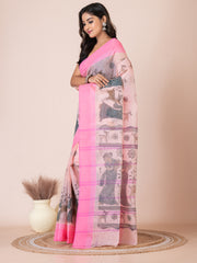 Beige & Pink pure cotton Shakuntala Print Taant saree