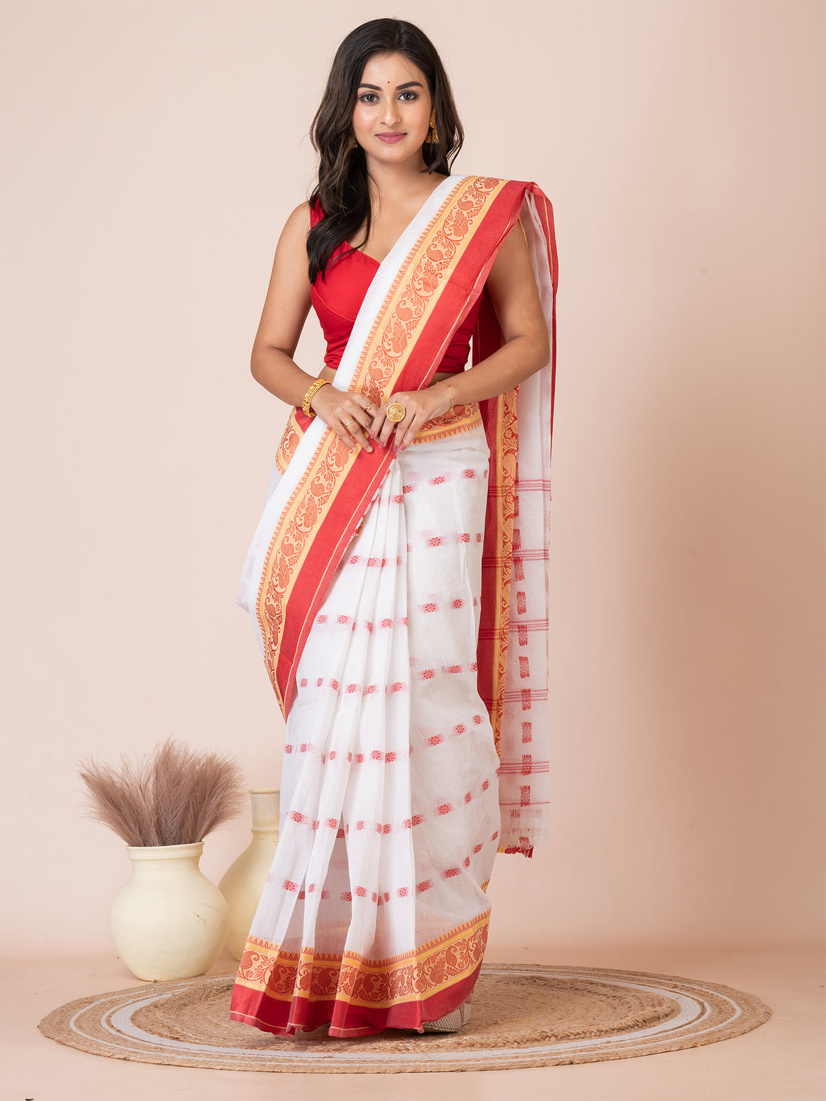 White & Red pure cotton floral design taant saree