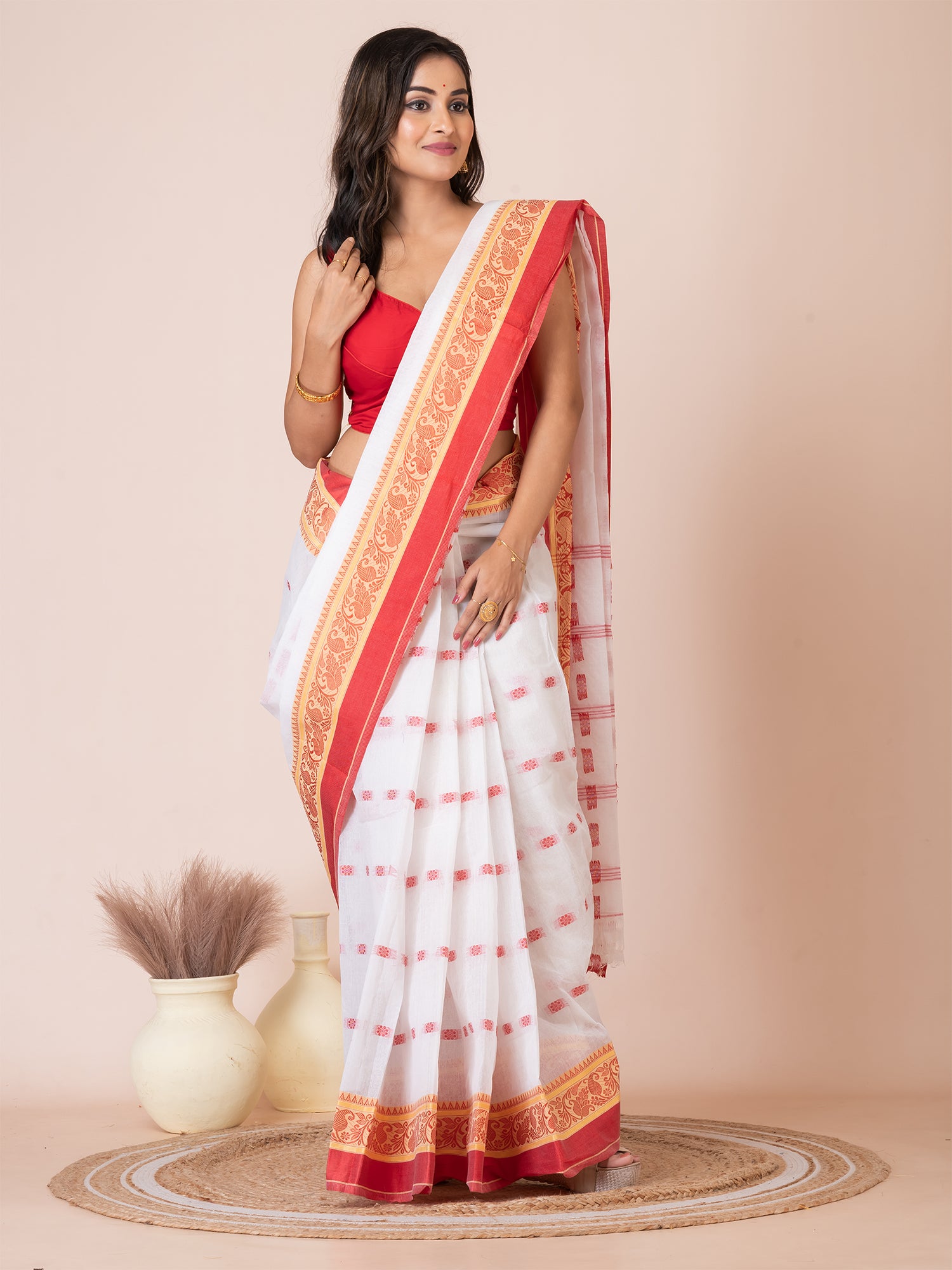 White & Red pure cotton floral design taant saree