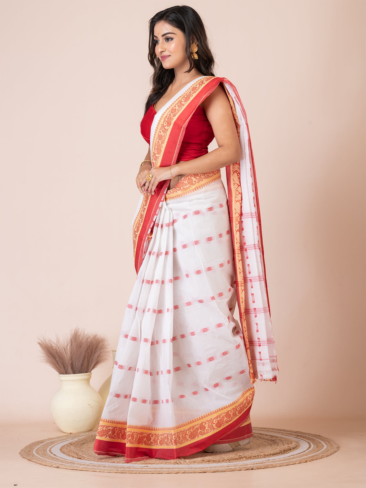 White & Red pure cotton floral design taant saree