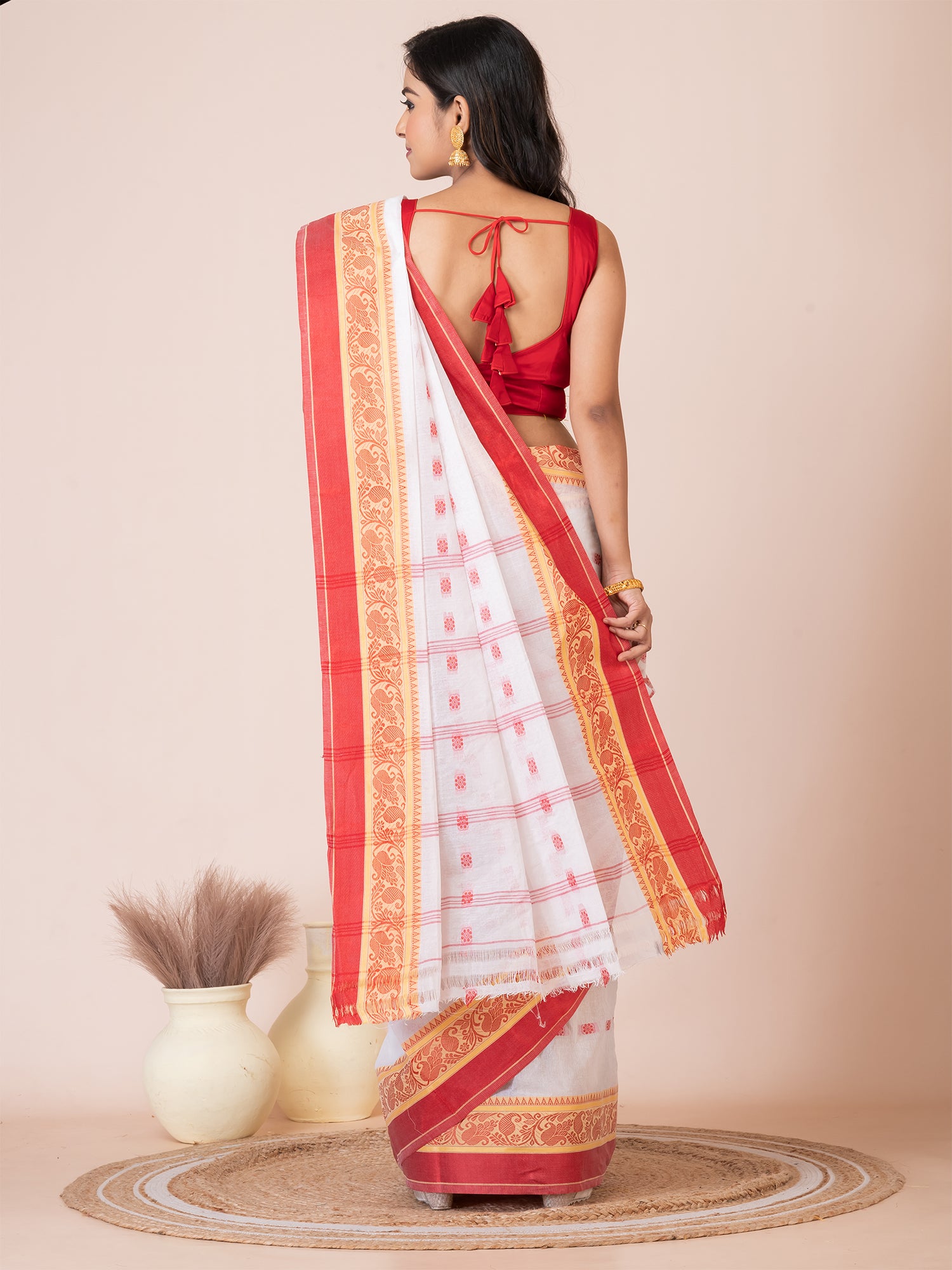 White & Red pure cotton floral design taant saree