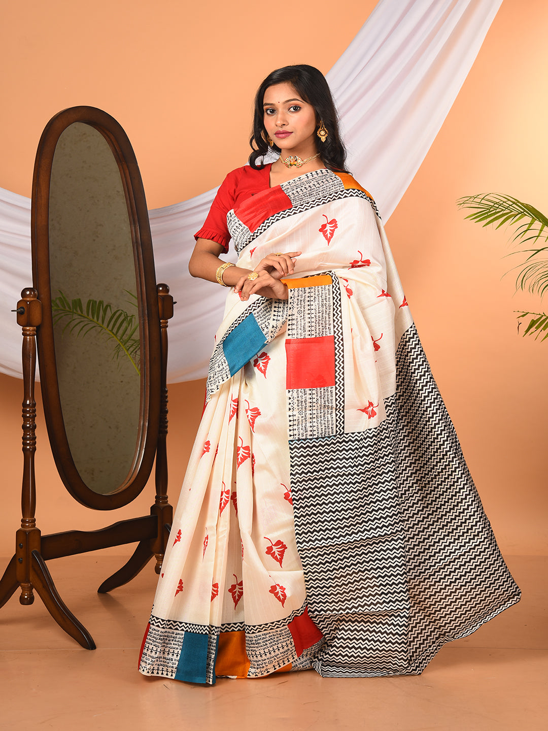 Off White & Multi Bhagalpuri silk saree