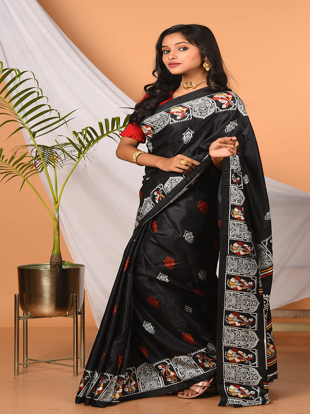 Black & Multi printed semi pure silk saree