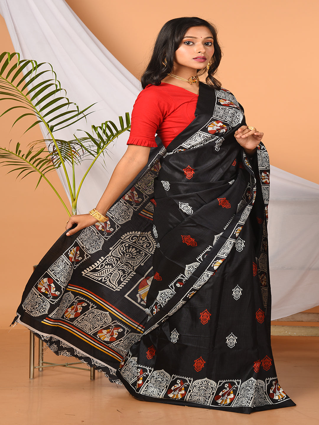 Black & Multi printed semi pure silk saree