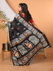 Black & Multi printed semi pure silk saree