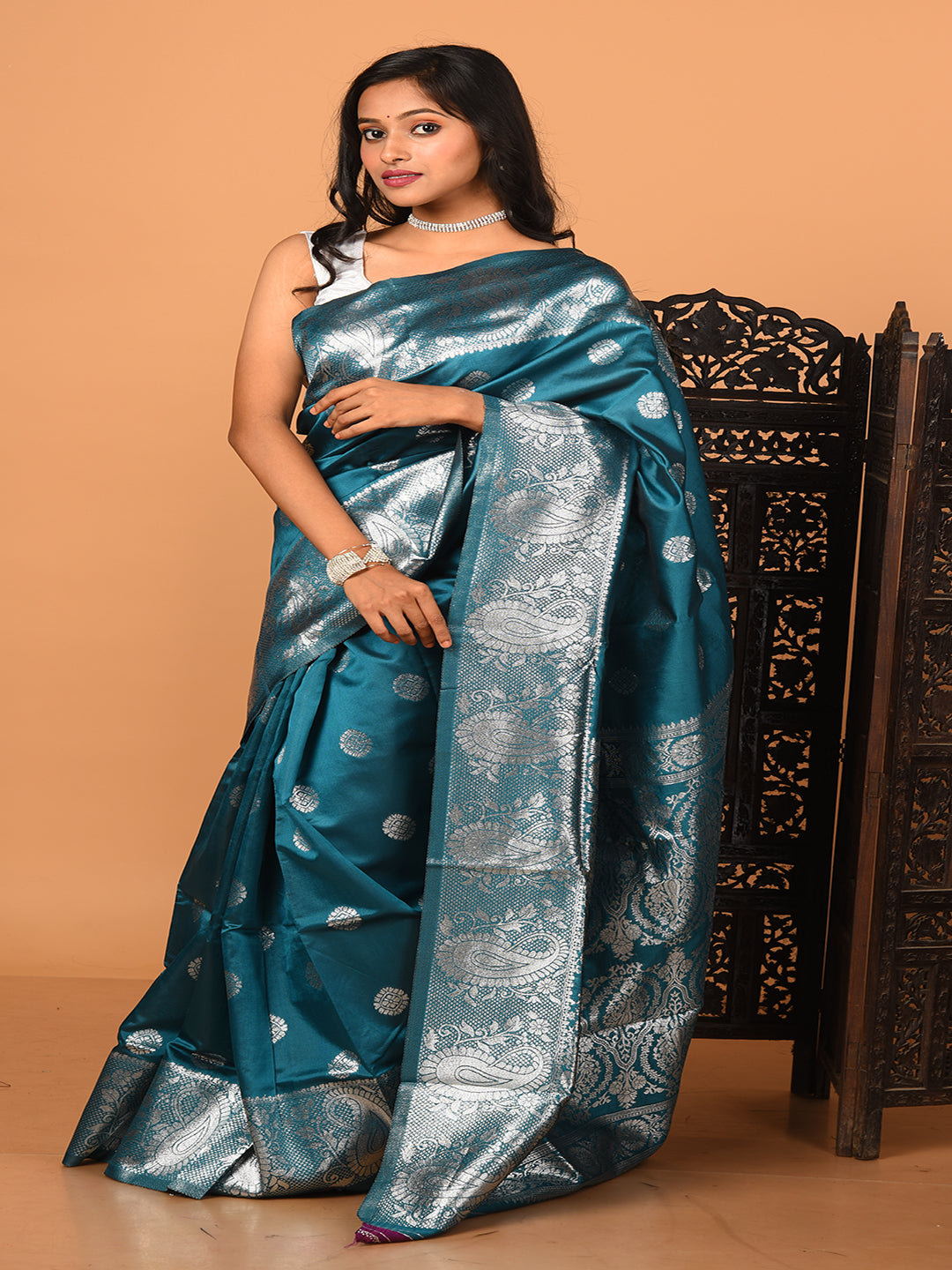 Turquoise Blue & Silver all over zari work silk banarasi saree