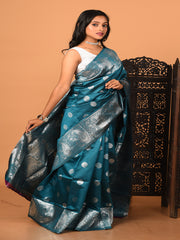 Turquoise Blue & Silver all over zari work silk banarasi saree