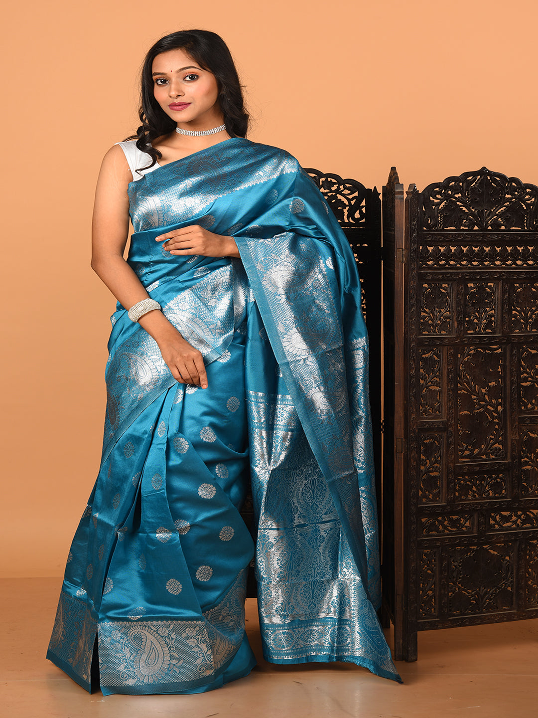 Teal & Silver all over zari work silk banarasi saree