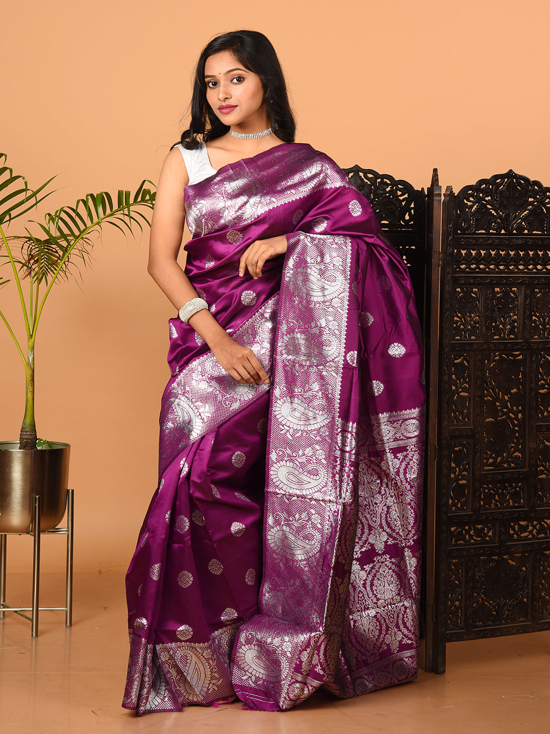 Purple & Silver all over zari work silk banarasi saree