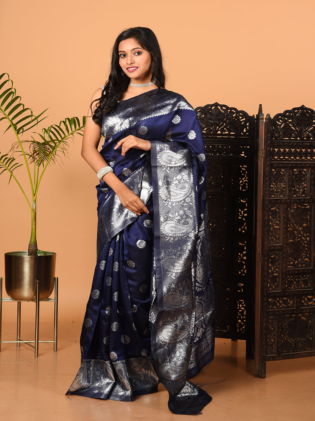 Navy Blue & Silver all over zari work silk banarasi saree