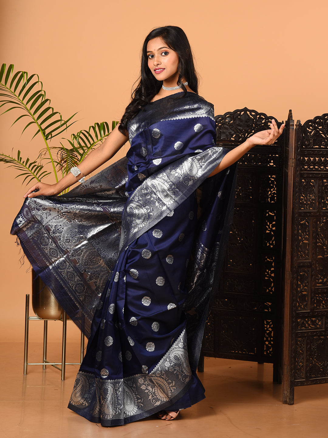 Navy Blue & Silver all over zari work silk banarasi saree