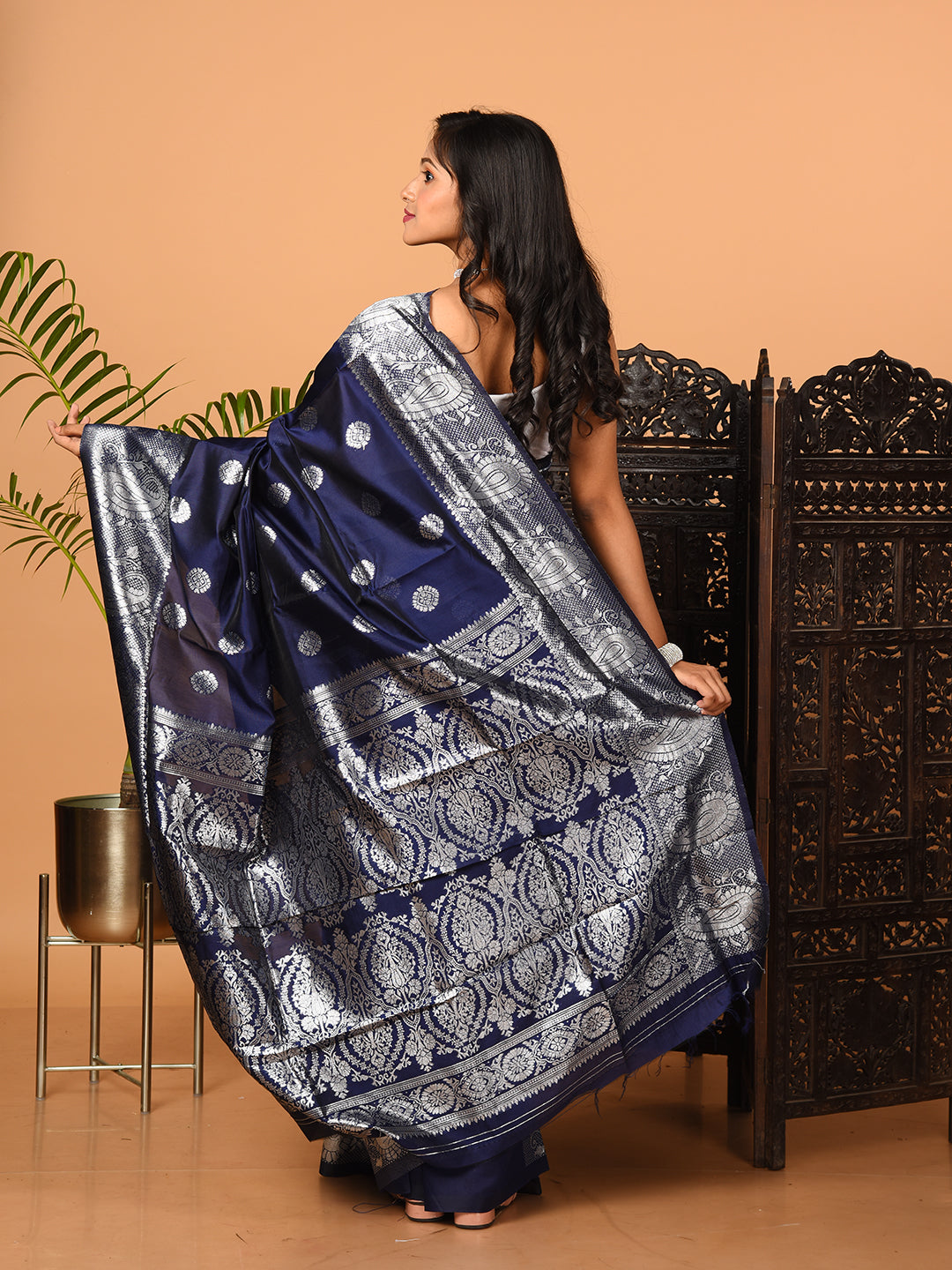 Navy Blue & Silver all over zari work silk banarasi saree