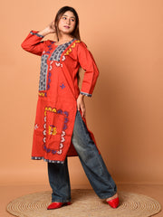 Rust & Multi pure cotton Kantha work  Kurti