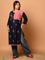 Navy Blue & Multi pure cotton Kantha work  Kurti