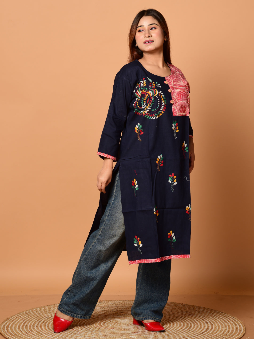 Navy Blue & Multi pure cotton Kantha work  Kurti