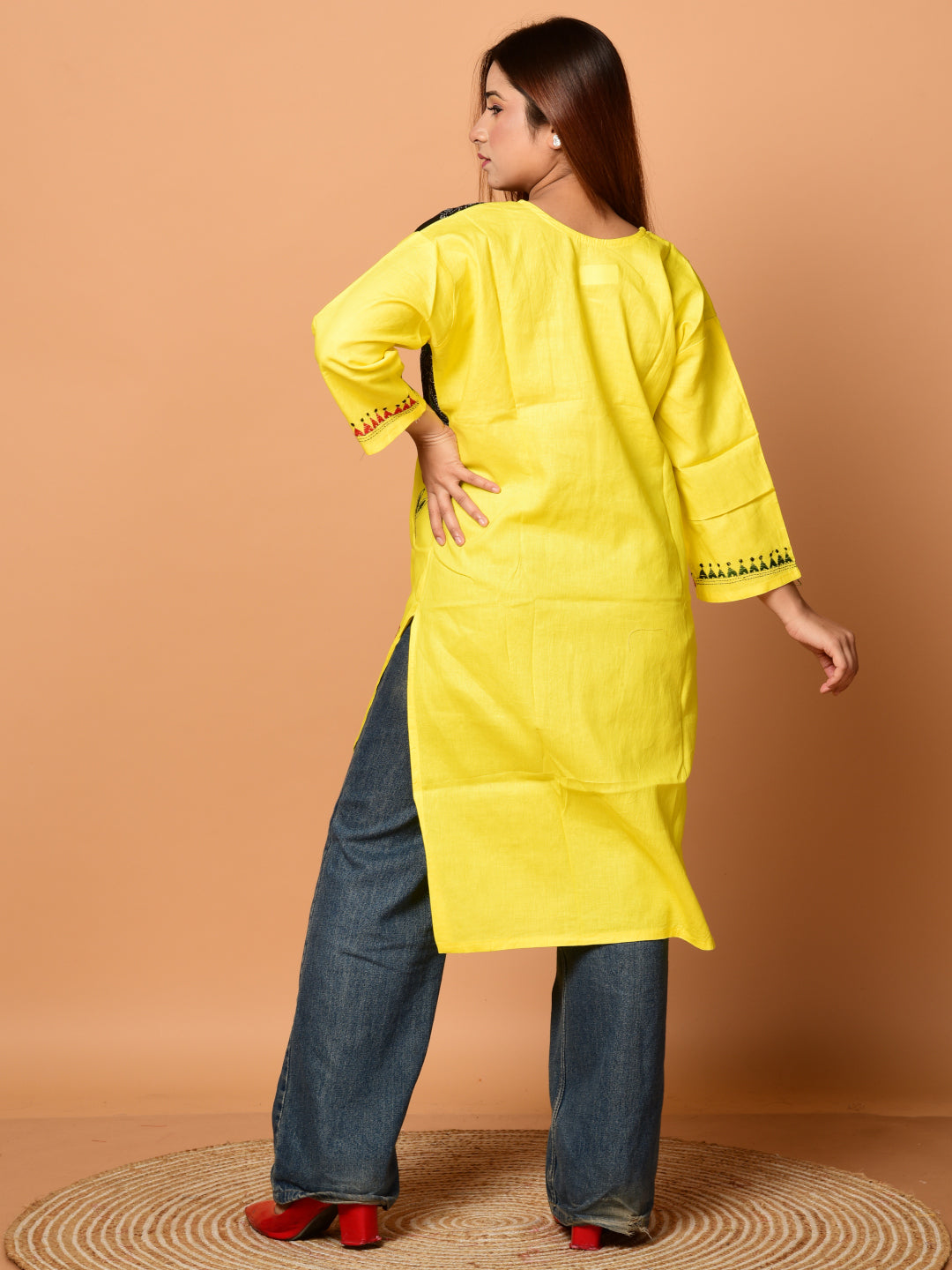 Yellow & Black pure cotton Kantha work  Kurti