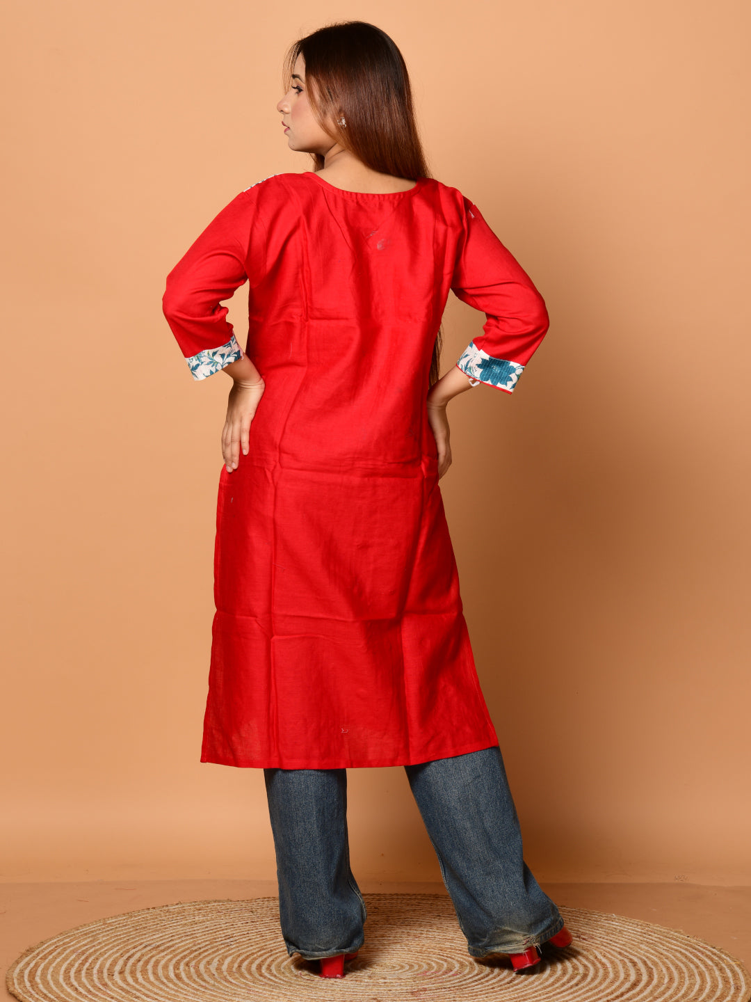 Red & Multi pure cotton Kantha work  Kurti