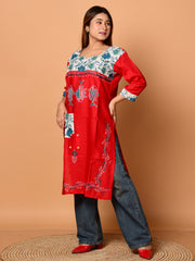 Red & Multi pure cotton Kantha work  Kurti