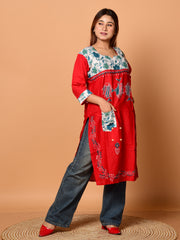 Red & Multi pure cotton Kantha work  Kurti