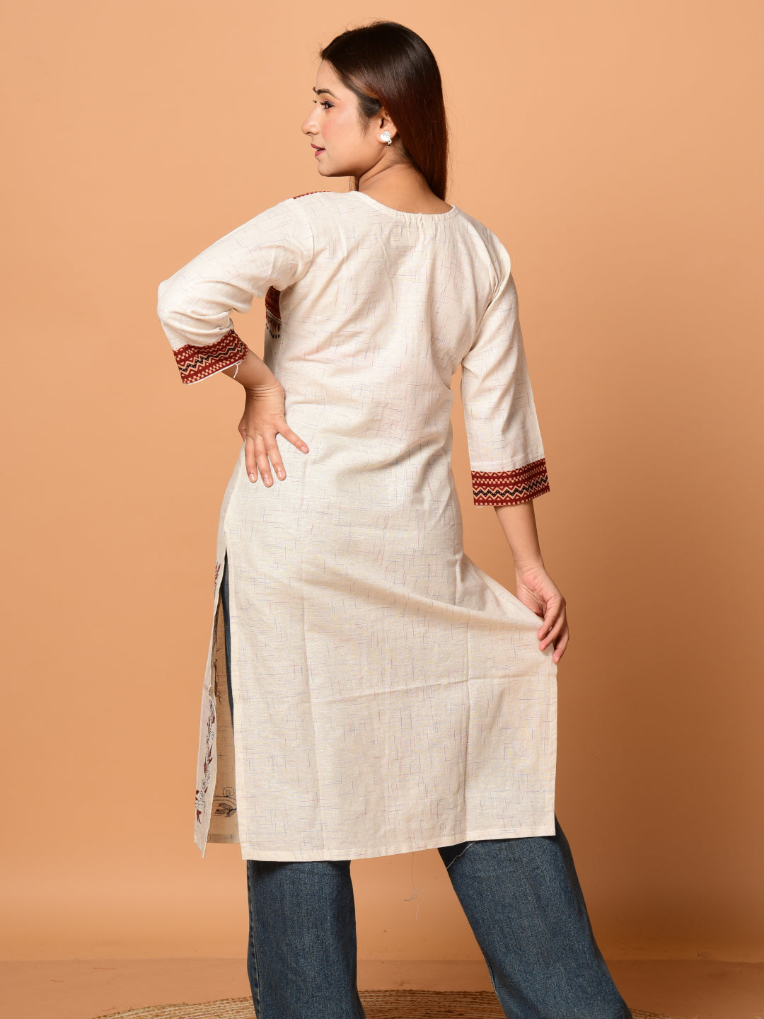 Off White & Brown pure cotton Kantha work  Kurti
