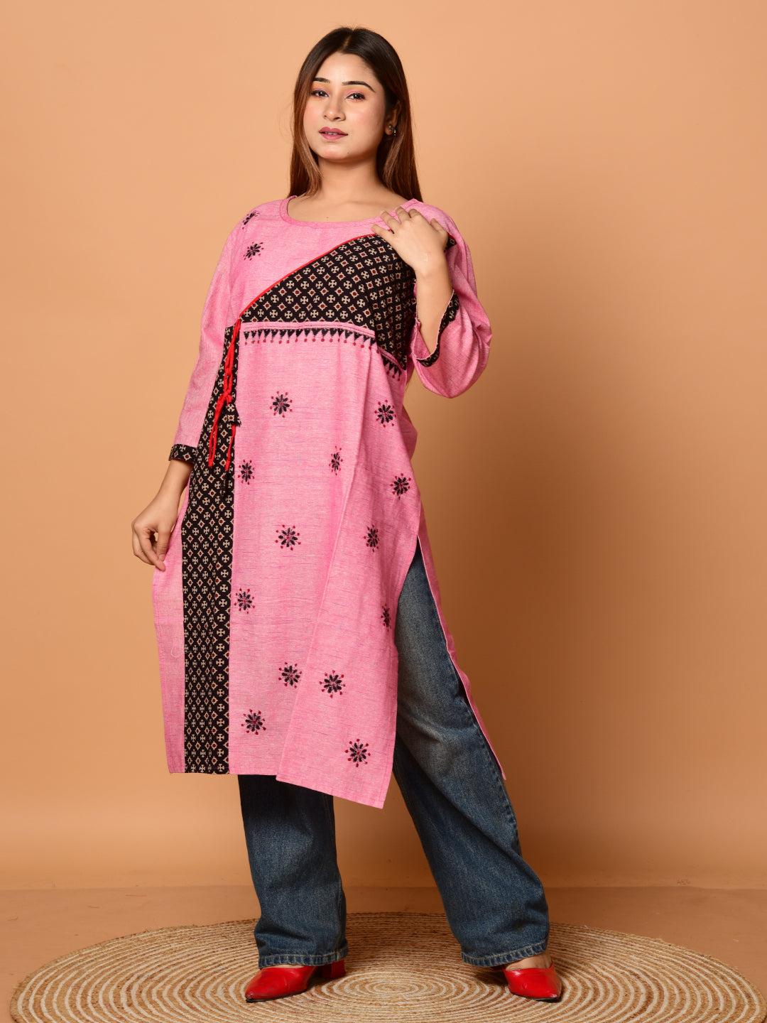 Pink & Black pure cotton Kantha work  Kurti