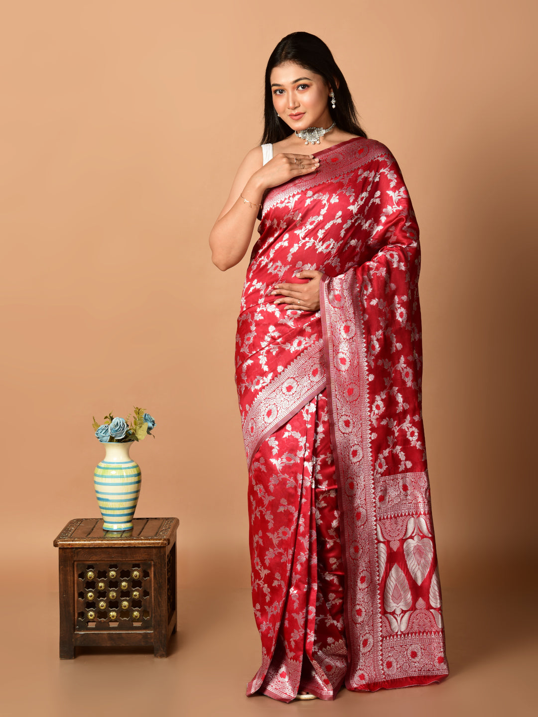 Laa Calcutta Red & Silver all over zari work silk banarasi saree