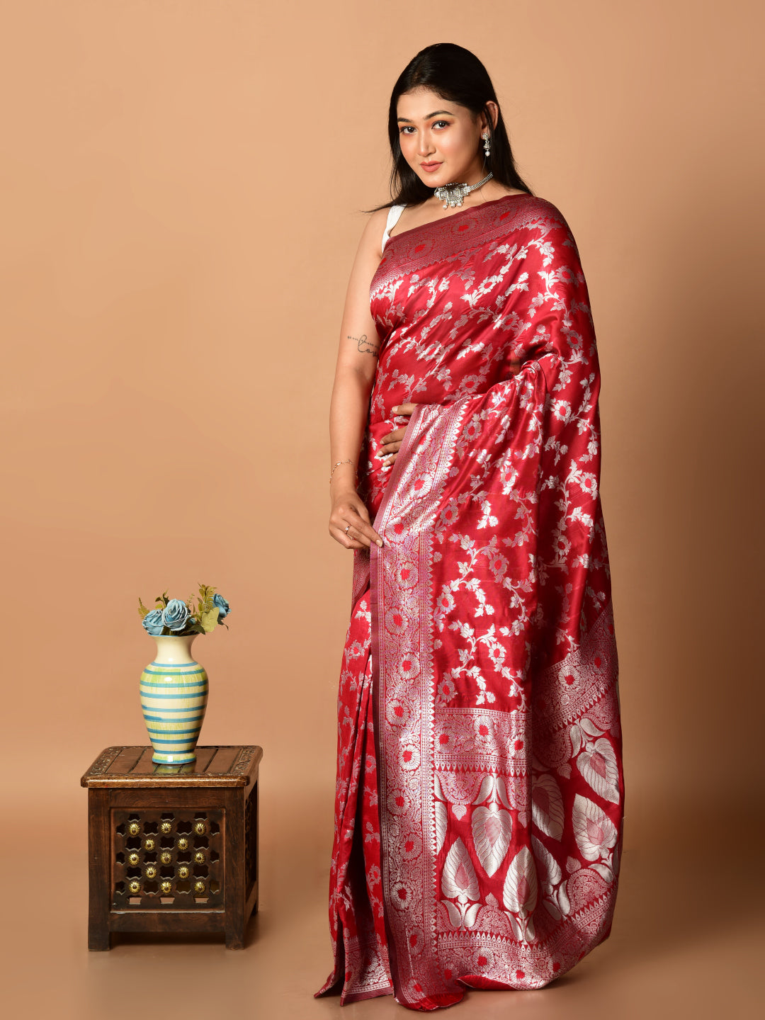 Laa Calcutta Red & Silver all over zari work silk banarasi saree