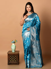 Laa Calcutta Teal & Silver all over zari work silk banarasi saree