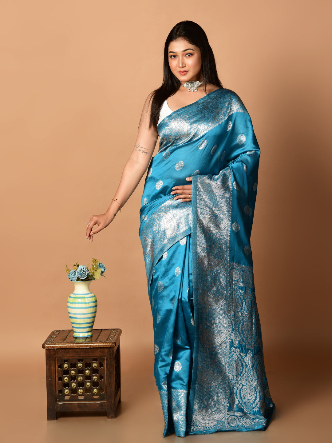 Laa Calcutta Teal & Silver all over zari work silk banarasi saree