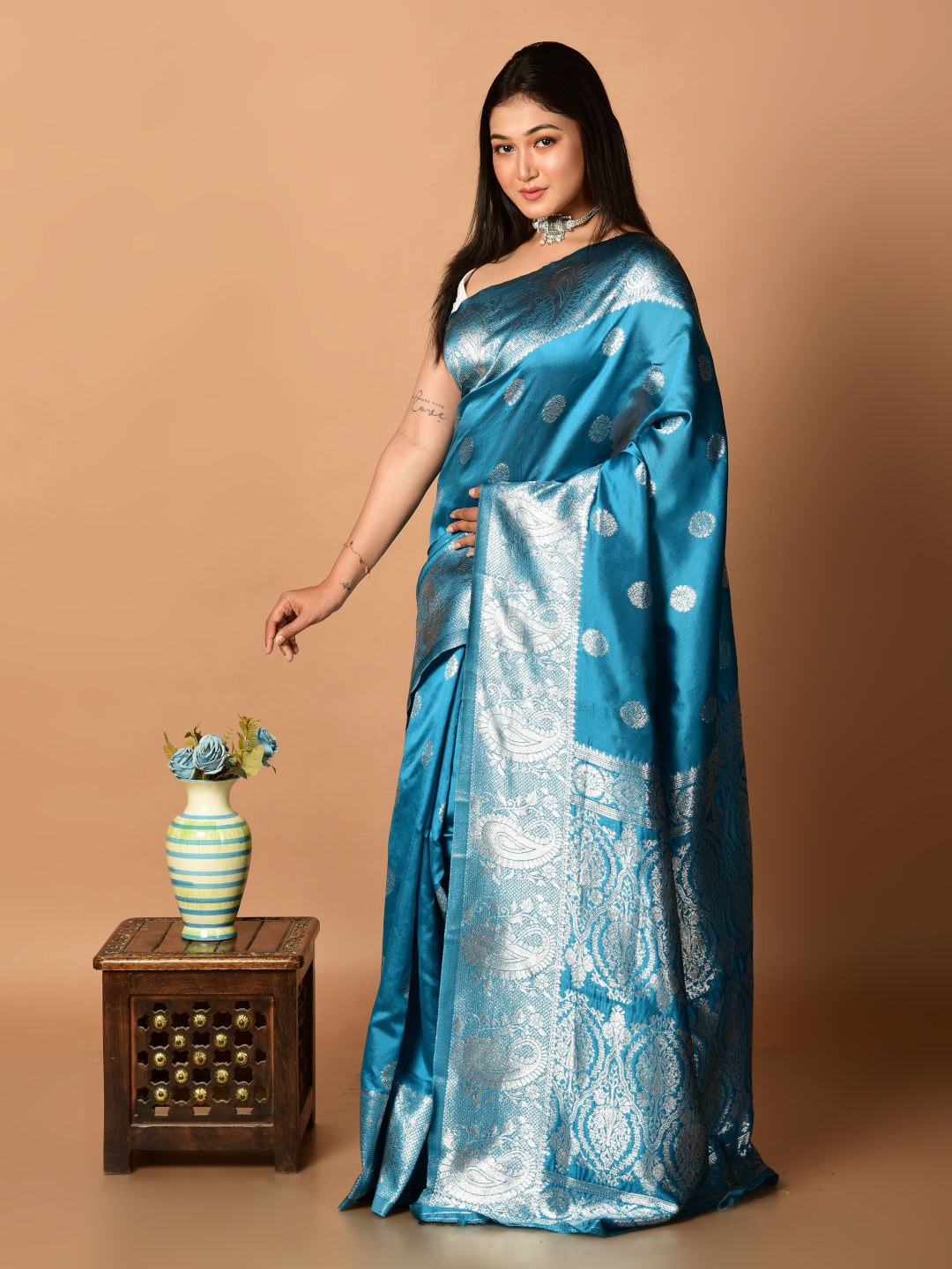 Laa Calcutta Teal & Silver all over zari work silk banarasi saree