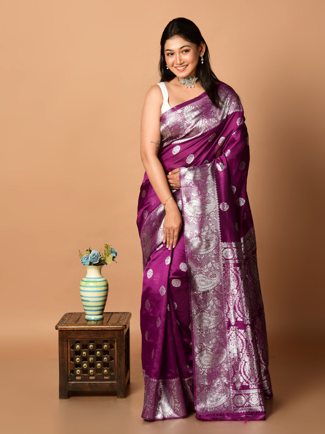 Laa Calcutta Purple & Silver all over zari work silk banarasi saree