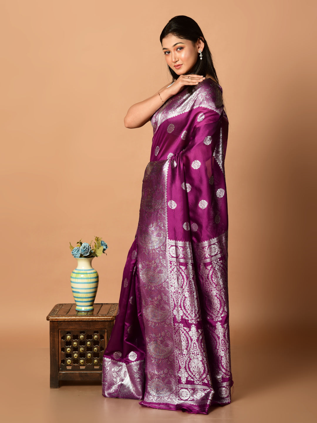 Laa Calcutta Purple & Silver all over zari work silk banarasi saree