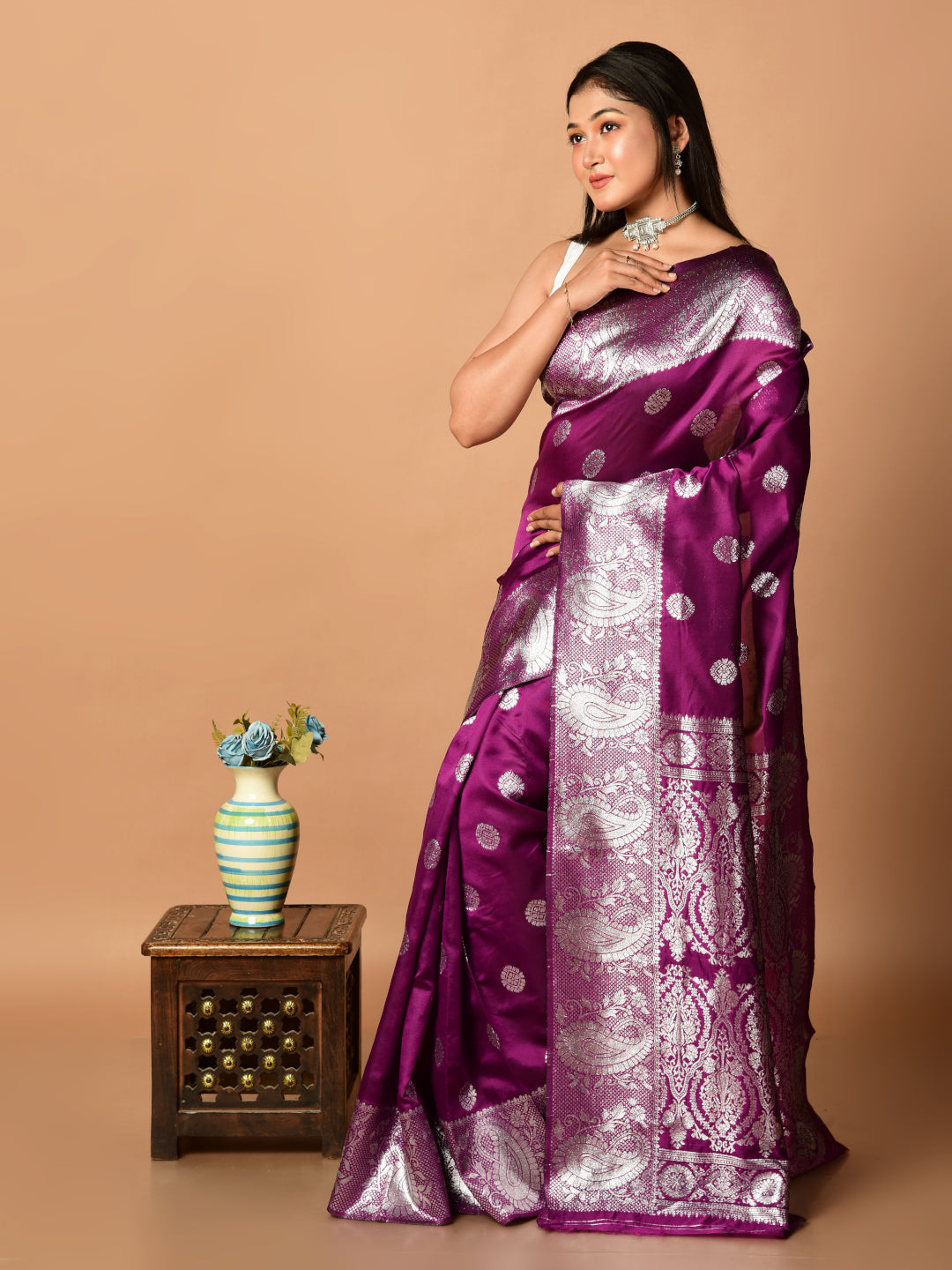 Laa Calcutta Purple & Silver all over zari work silk banarasi saree