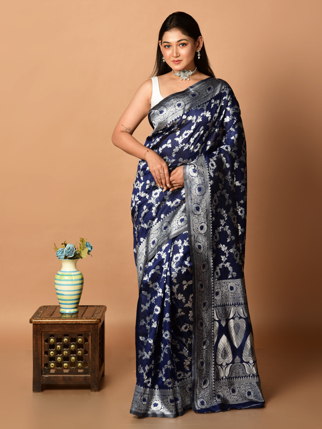 Laa Calcutta Navy Blue & Silver all over zari work silk banarasi saree